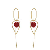Red leather women's earrings-dark with distinctive oval-link metal pin